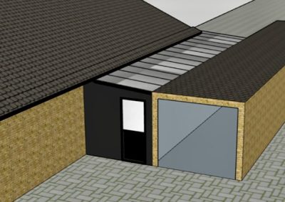 Opførsel af ny udestue mellem hovedhus og garage. Her har jeg tegnet projektet først på computer til illustration for kunden. Efterfølgende har vi fuldført arbejdet.